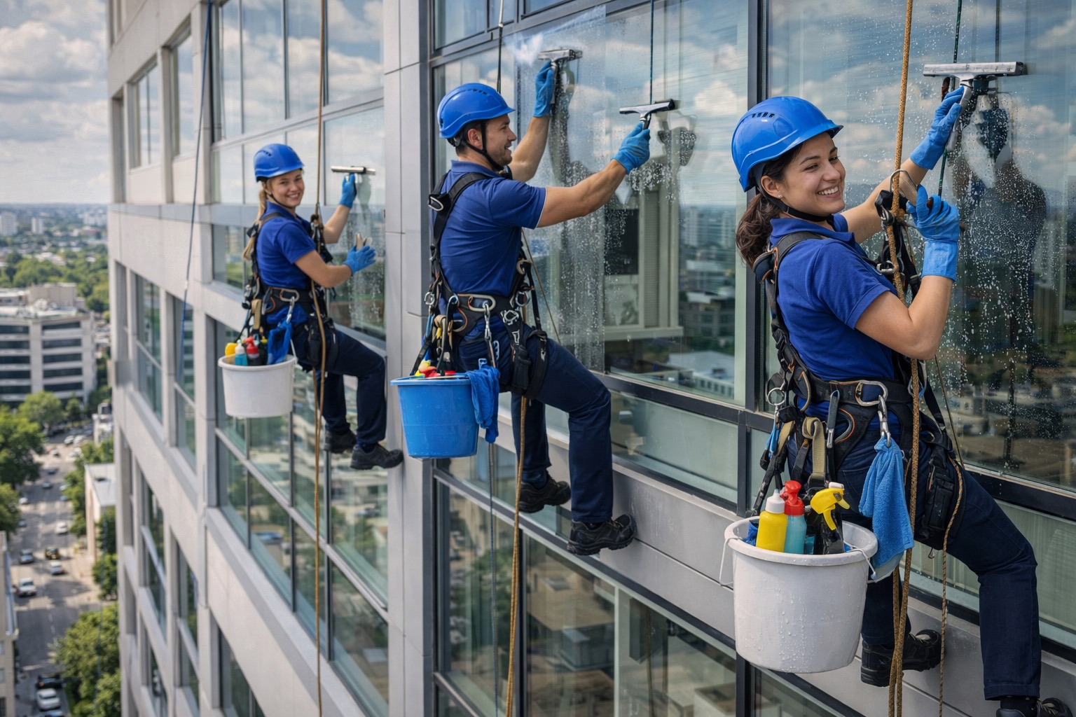 Langų ir fasadų valymas aukštyje su alpinistais