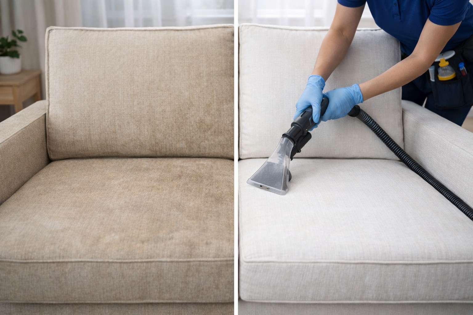 Sofos cheminis valymas prieš ir po